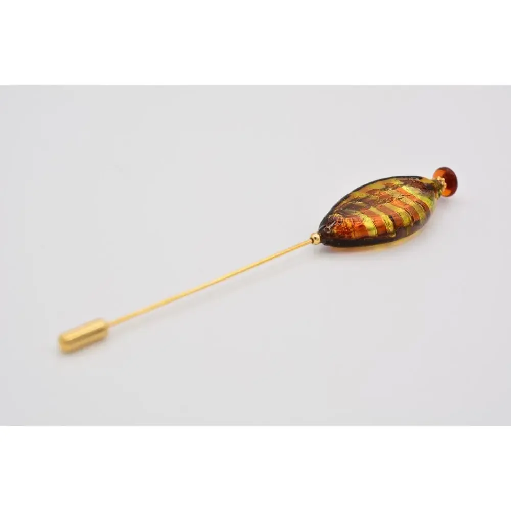 Vintage Murano Glass Stick Pin Gold Tone Artisan Blown Yellow Brown Amber BinAT